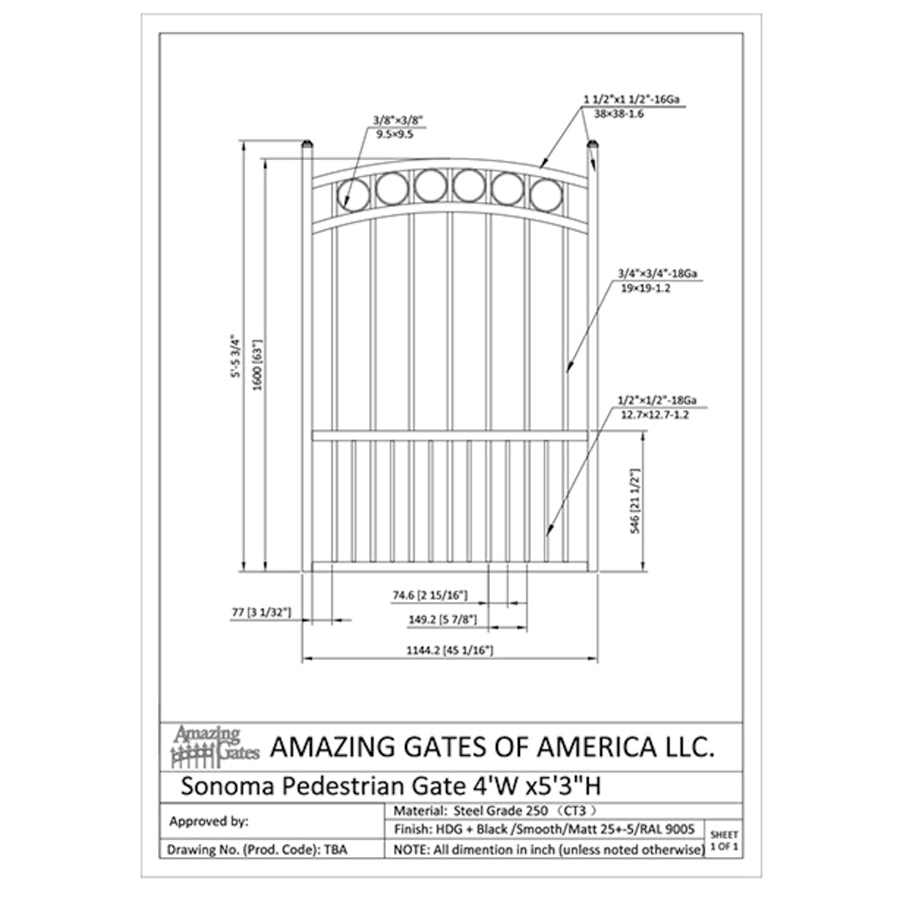 labeled diagram of Sonoma style iron garden gate with row of circles on top and ball caps on both posts on either side of gate