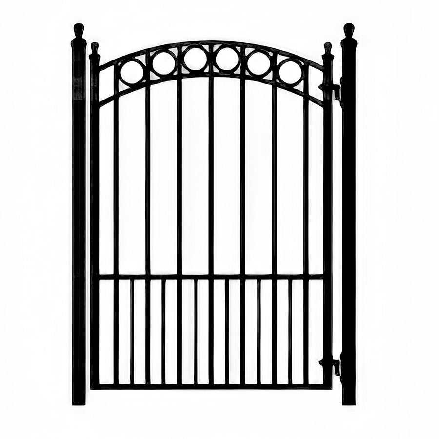 Black and white diagram of black wrought iron garden gate with row of circles on top and ball caps on both posts on either side of gate