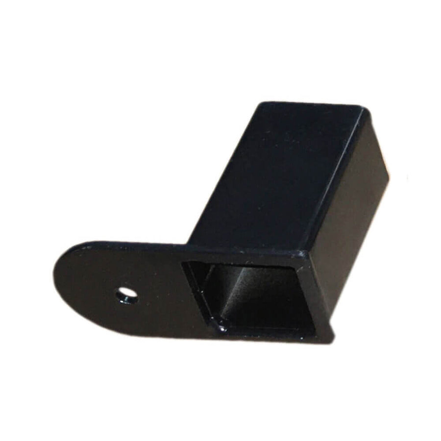 closeup of black metal fence panel bracket for a railing