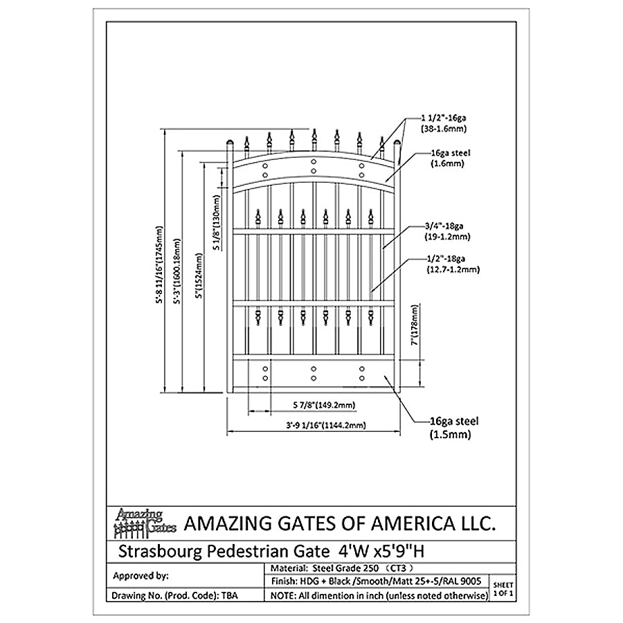 labeled diagram of arched garden gate. Hyde Park style has arch top, spear point finials, wide metal band  bottom and top