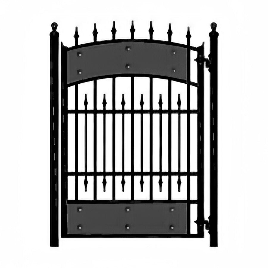 arched garden gate. Hyde Park style has arch top, spear point finials, wide metal band  bottom and top. spear point dog pickets