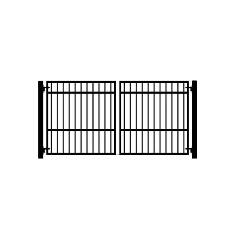 Black and white drawing of rectangular double black wrought iron driveway gate with vertical bars and one horizontal bar near the top and one about a third way from bottom. Hinged on 2 square posts