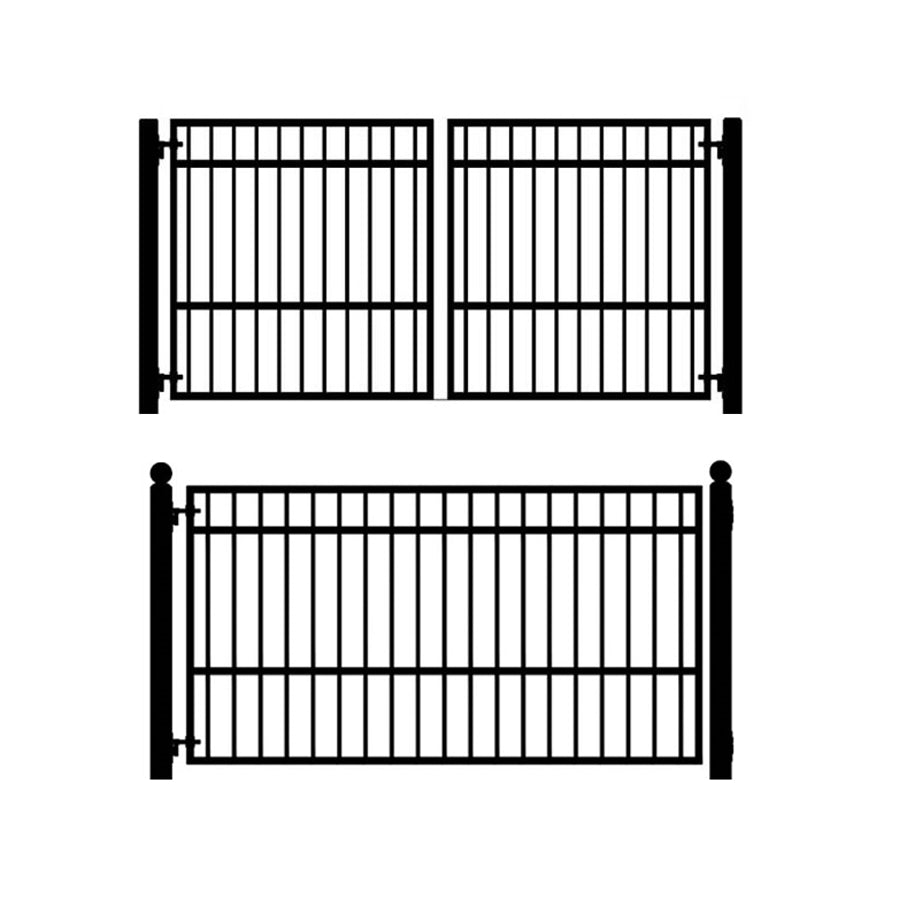 simple biparting black wrought iron driveway gate diagram.  vertical bars and one horizontal bar near the top in this single Telluride style swing gate