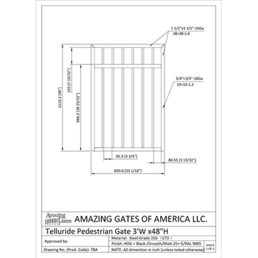Black and white diagram with labels and measurements of rectangular simple black wrought iron garden gate with vertical bars and one horizontal bar near the top. Hinged on 2 square posts.