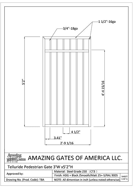 Black and white diagram with labels and measurements of rectangular simple black wrought iron garden gate with vertical bars and one horizontal bar near the top. Hinged on 2 square posts.