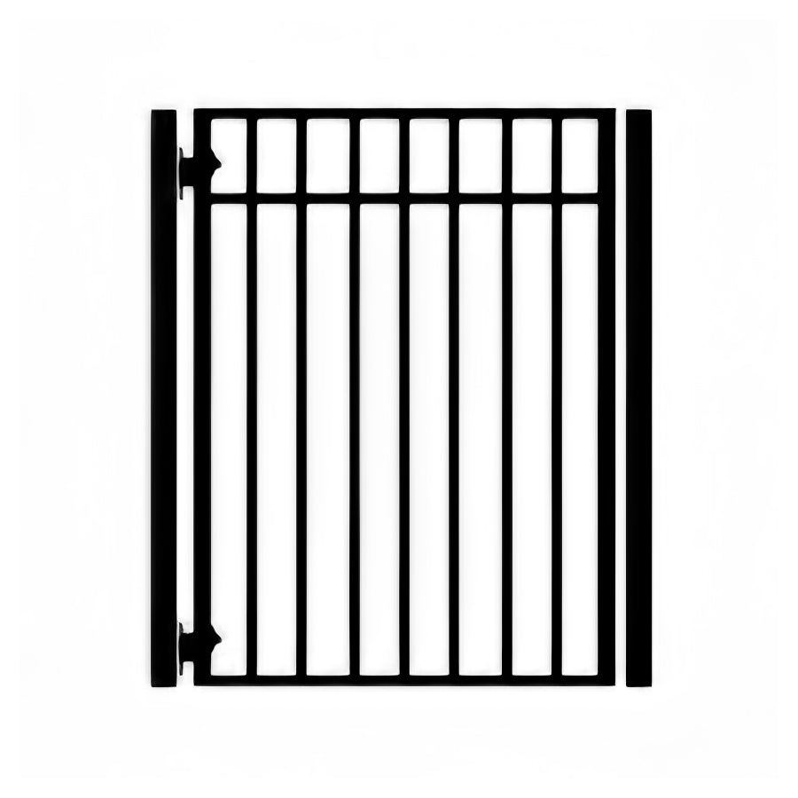 Black and white drawing of rectangular simple black wrought iron garden gate with vertical bars and one horizontal bar near the top. Hinged on 2 square posts