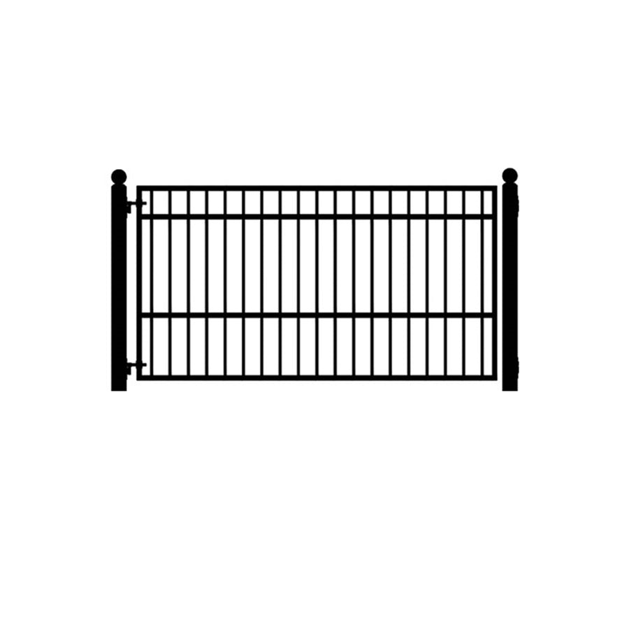  Black and white drawing of rectangular single black wrought iron driveway gate with vertical bars and one horizontal bar near the top and one about a third way from bottom. Hinged on 2 square posts