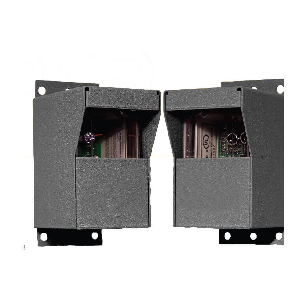 two metal boxes with photo eyes for automated driveway gate opener 